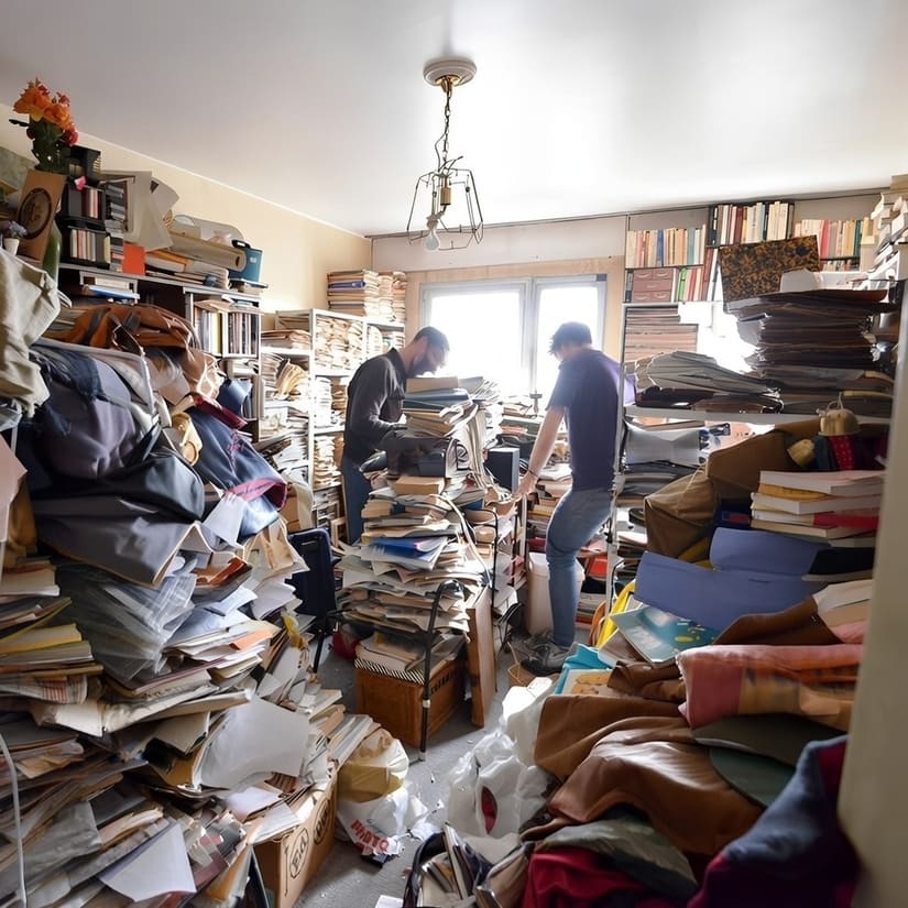 Équipe en train de trier et vider un appartement syndrome de Diogène rempli de piles de livres et objets