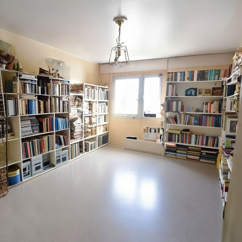 Pièce après débarras complet d’un syndrome de Diogène – Bibliothèque vidée et sol dégagé dans un appartement