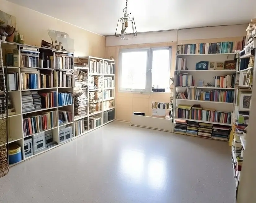 Pièce après débarras complet d’un syndrome de Diogène – Bibliothèque vidée et sol dégagé dans un appartement
